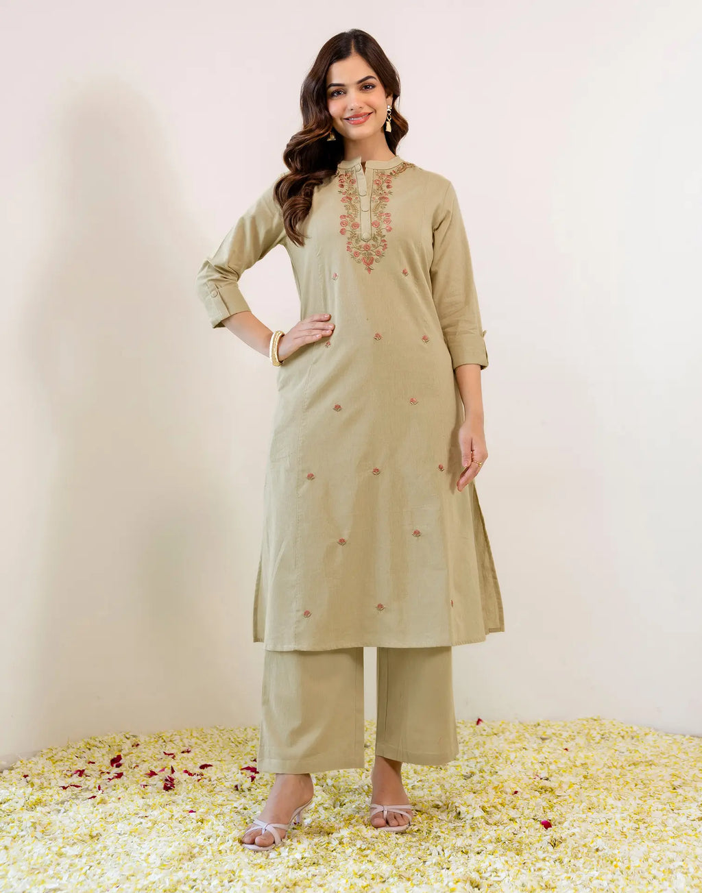 Skylee Viscose Embroidered Mandarin Collar Co-ord Set For Woman