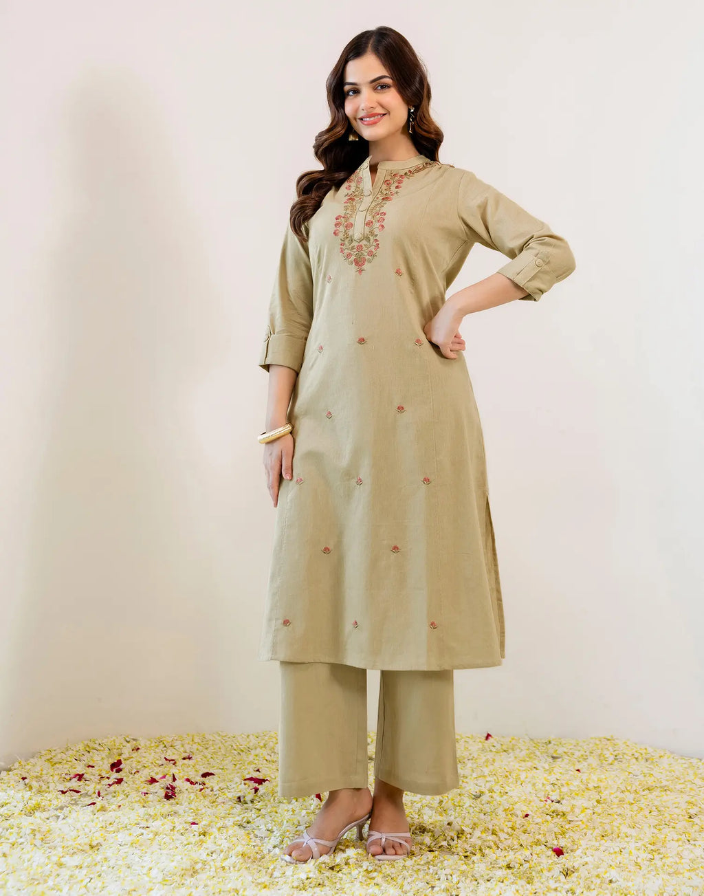Skylee Viscose Embroidered Mandarin Collar Co-ord Set For Woman