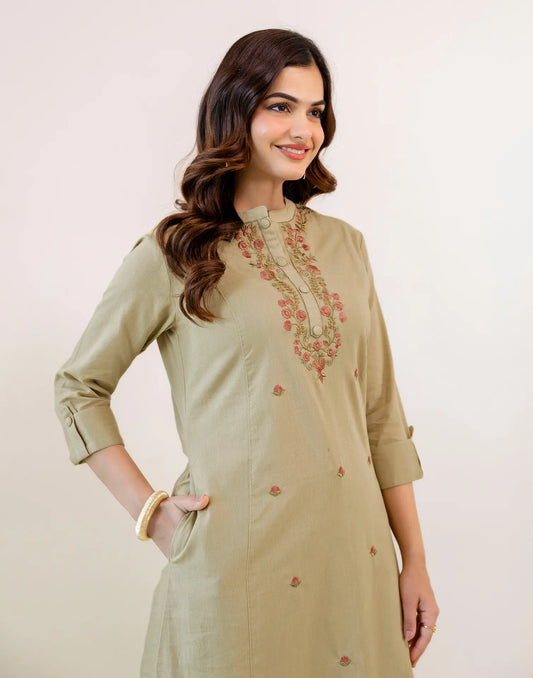 Sage Beige Mandarin Collar Floral Thread Embroidery A-Line Co-ords