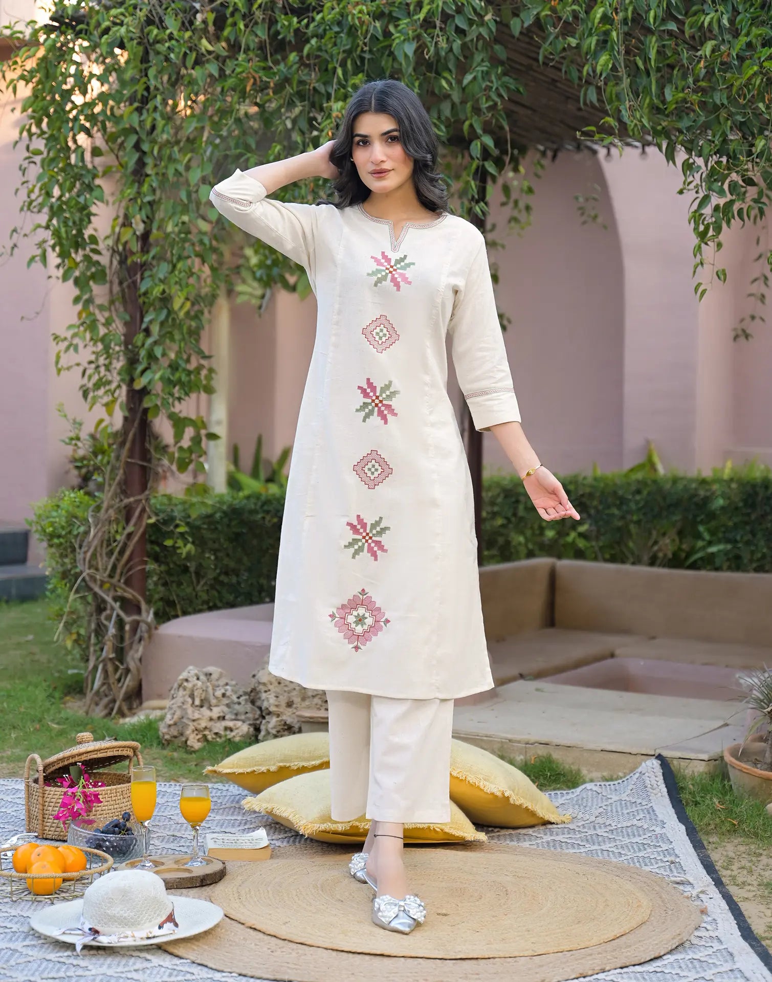 Skylee Cotton Embroidered Round Neck Co-ord Set For Woman
