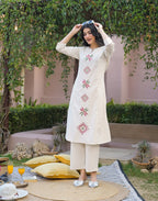 Skylee Cotton Embroidered Round Neck Co-ord Set For Woman