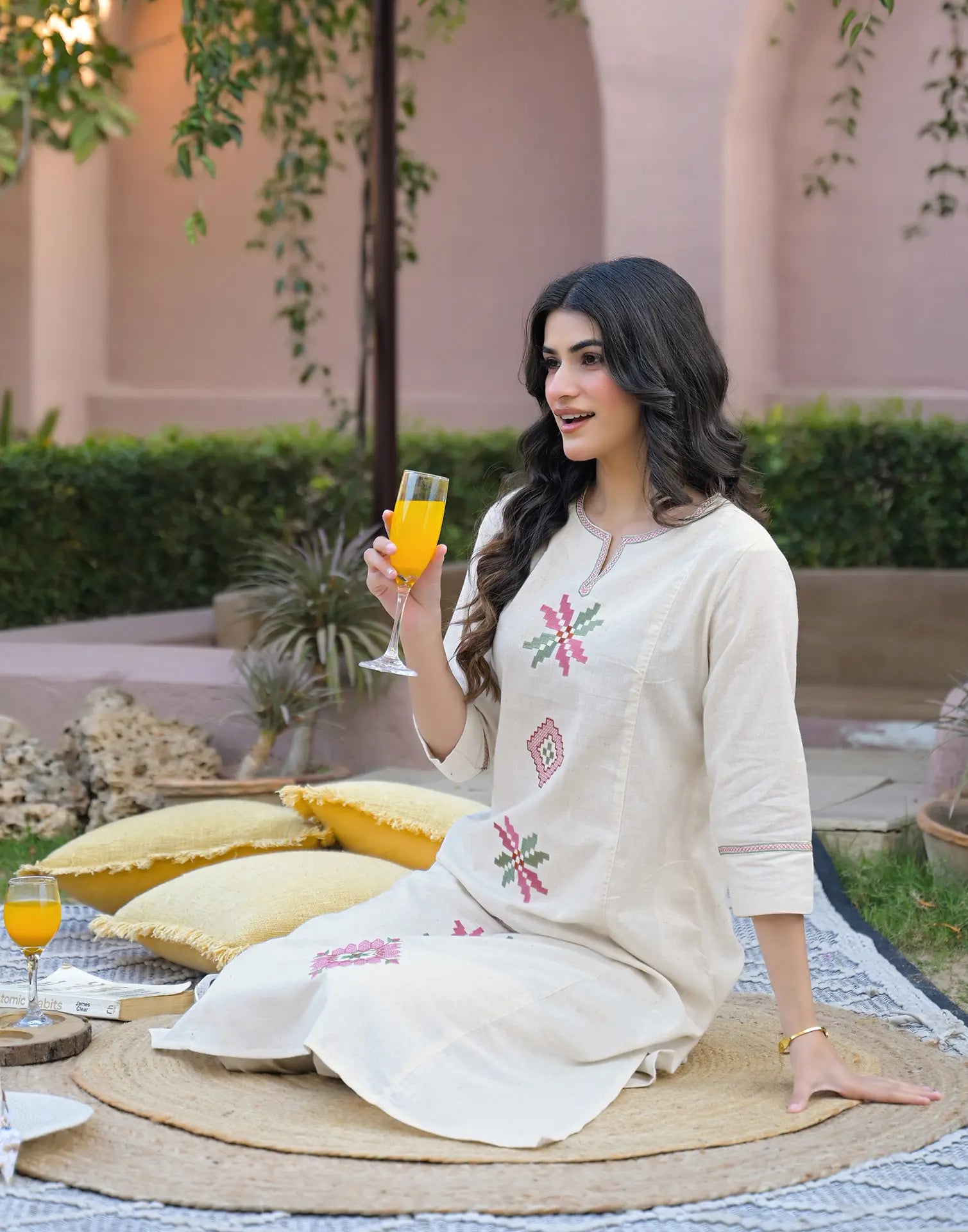 Skylee Cotton Embroidered Round Neck Co-ord Set For Woman