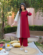 Bright Steel Grey, Ruby Red Round Neck Embroidered A-Line Ethnic Co-ord Set