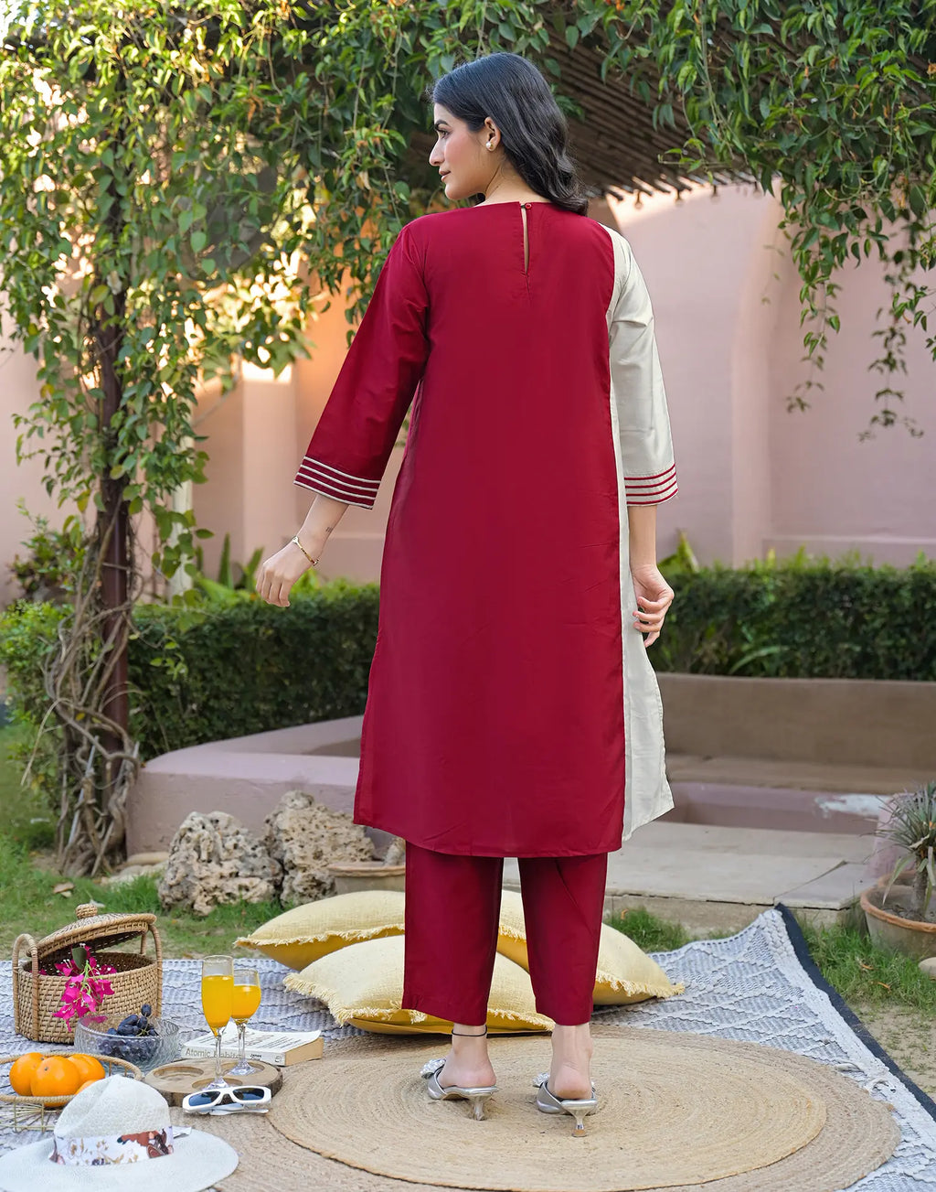 Bright Steel Grey, Ruby Red Round Neck Embroidered A-Line Ethnic Co-ord Set