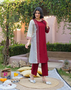 Bright Steel Grey, Ruby Red Round Neck Embroidered A-Line Ethnic Co-ord Set