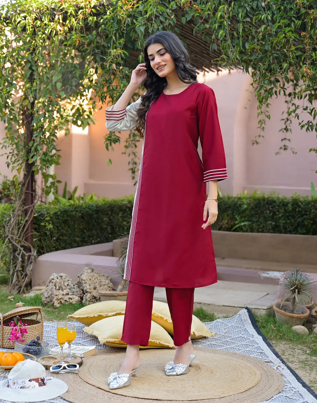 Bright Steel Grey, Ruby Red Round Neck Embroidered A-Line Ethnic Co-ord Set