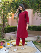 Bright Steel Grey, Ruby Red Round Neck Embroidered A-Line Ethnic Co-ord Set