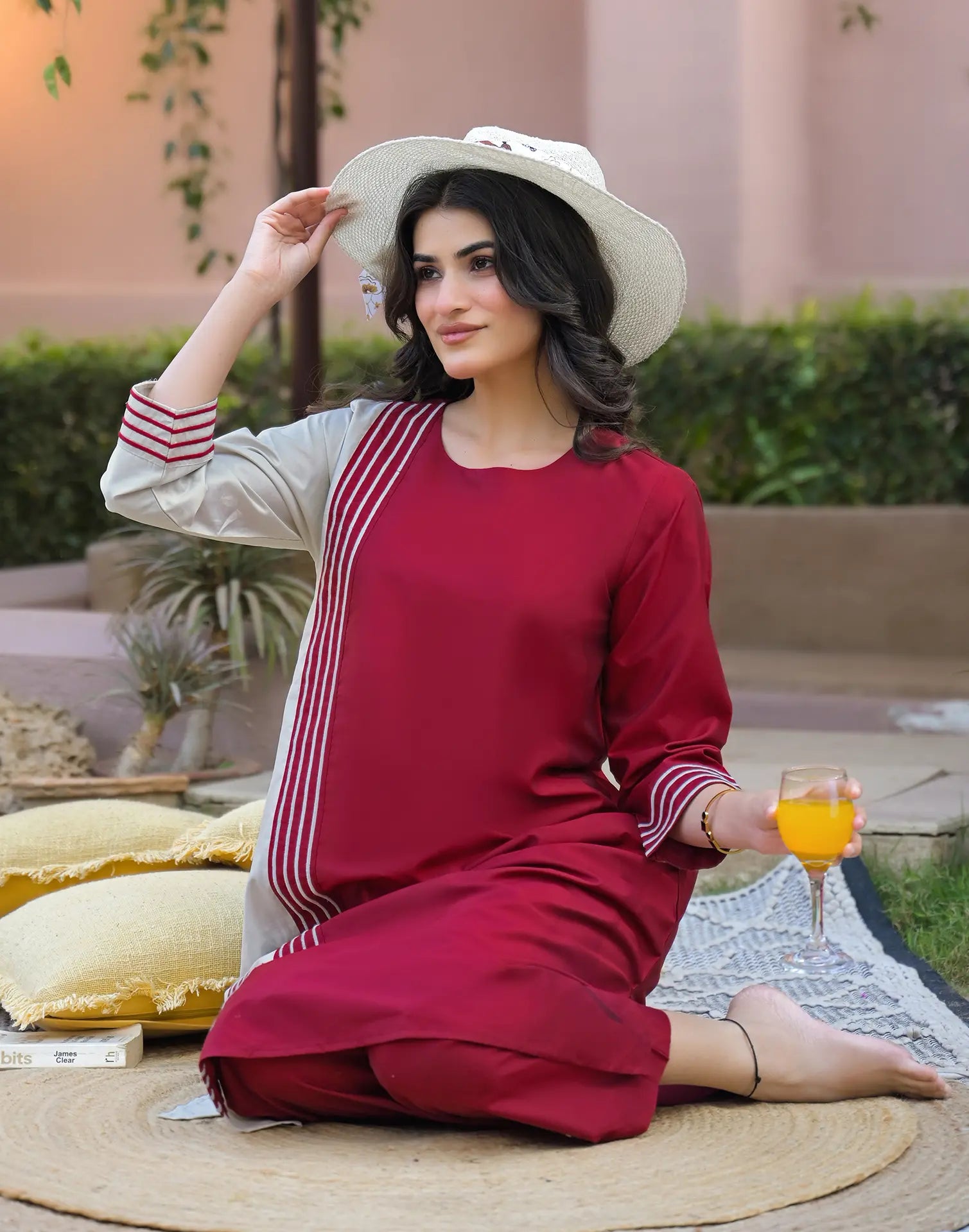 Bright Steel Grey, Ruby Red Round Neck Embroidered A-Line Ethnic Co-ord Set