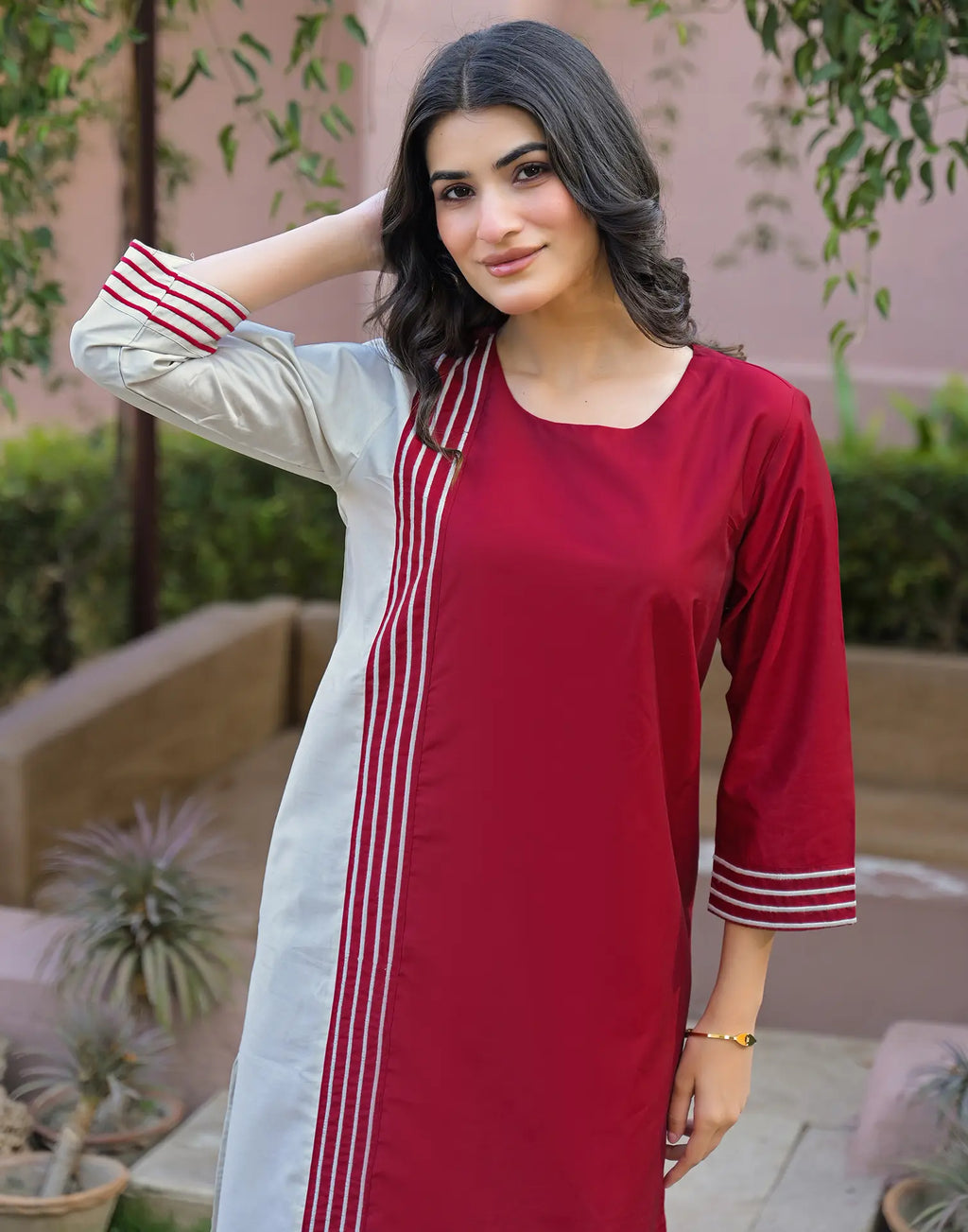 Bright Steel Grey, Ruby Red Round Neck Embroidered A-Line Ethnic Co-ord Set