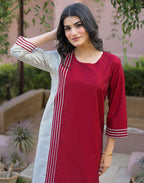 Bright Steel Grey, Ruby Red Round Neck Embroidered A-Line Ethnic Co-ord Set