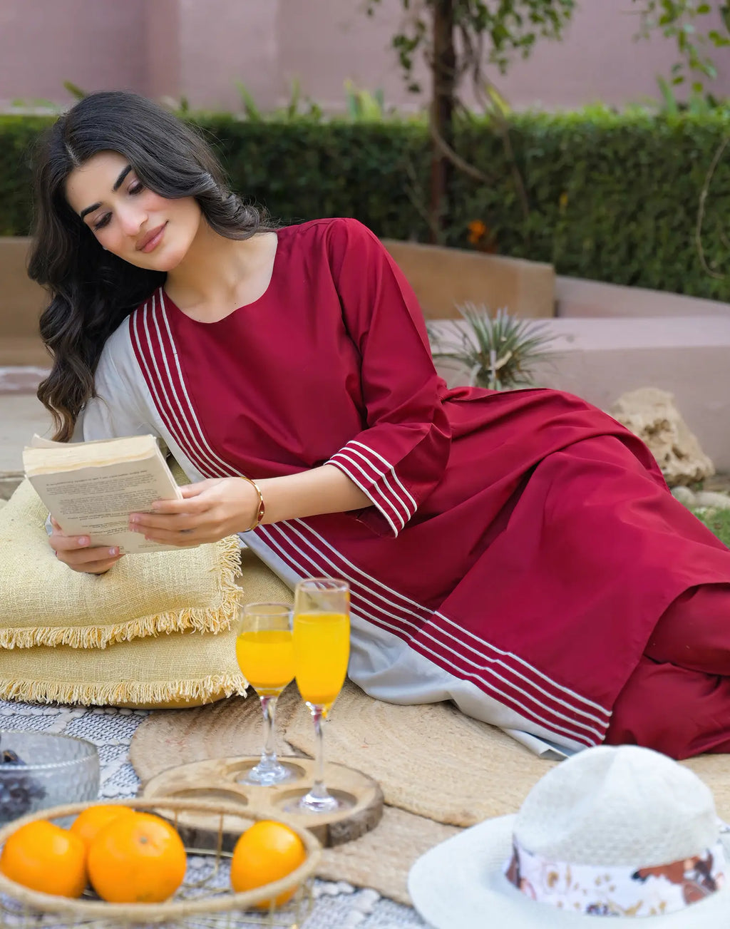 Bright Steel Grey, Ruby Red Round Neck Embroidered A-Line Ethnic Co-ord Set