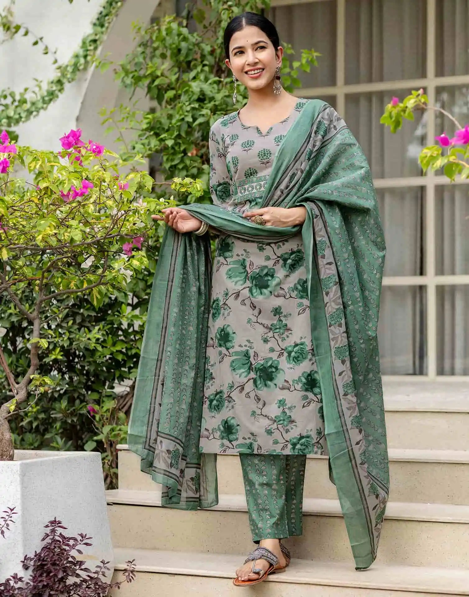 Grey Cotton Printed Straight Kurta Set with Pant and Dupatta