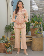 Blush Peach Collared Neck Embroidered Straight Ethnic Co-ord Set