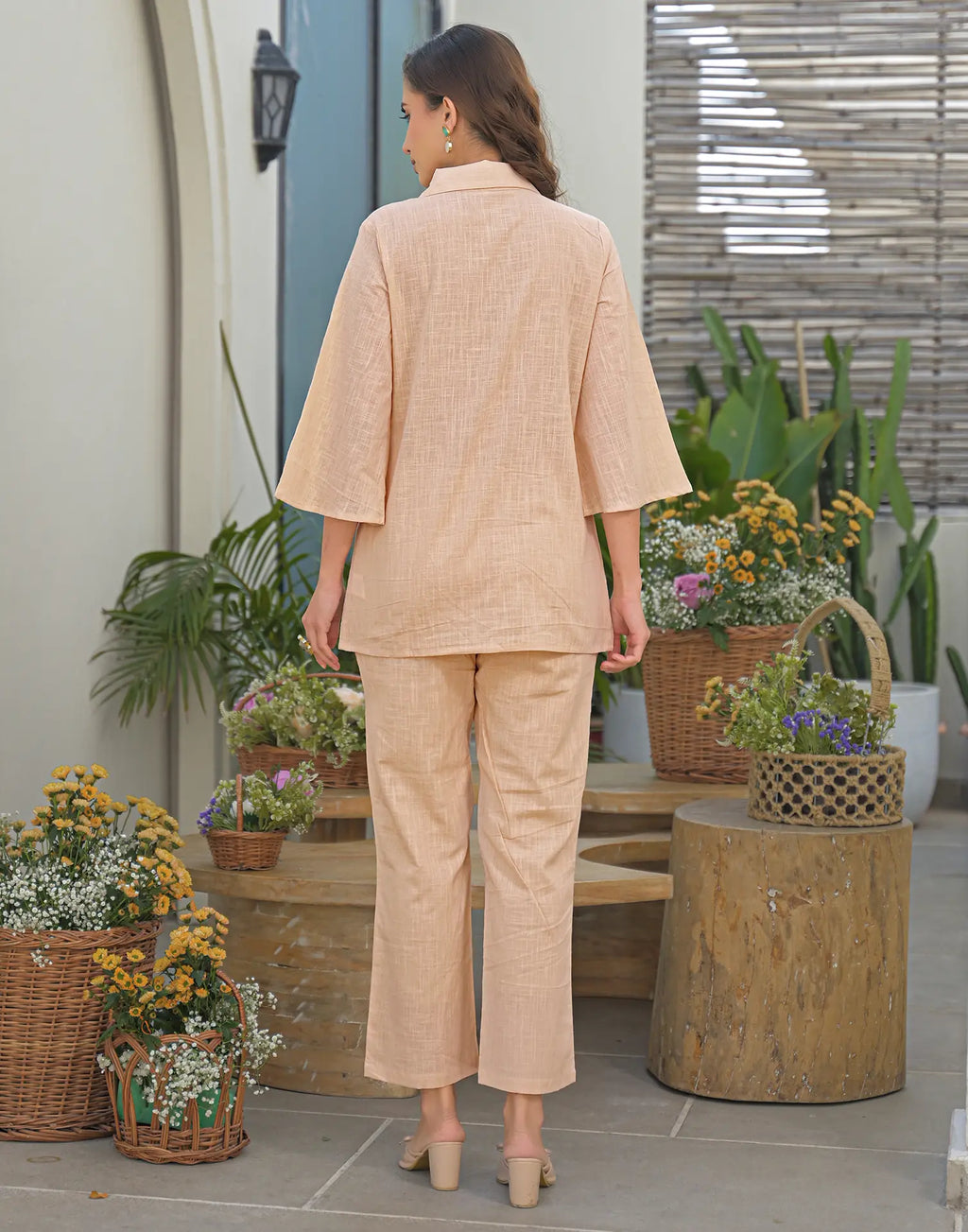 Blush Peach Collared Neck Embroidered Straight Ethnic Co-ord Set