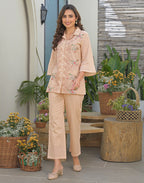 Blush Peach Collared Neck Embroidered Straight Ethnic Co-ord Set