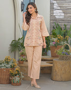 Blush Peach Collared Neck Embroidered Straight Ethnic Co-ord Set