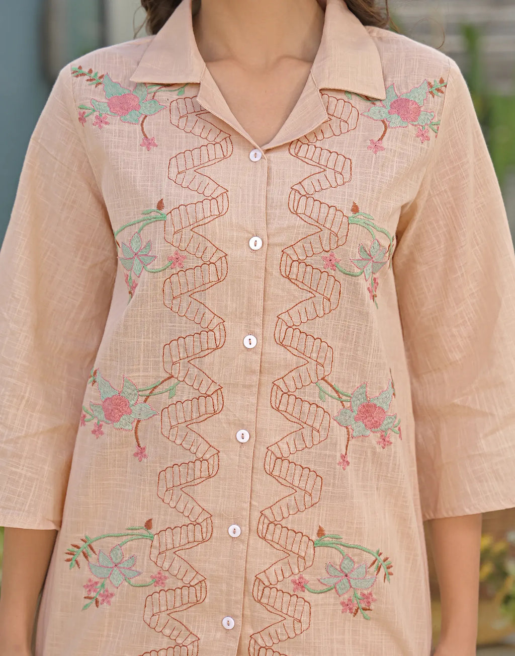 Blush Peach Collared Neck Embroidered Straight Ethnic Co-ord Set