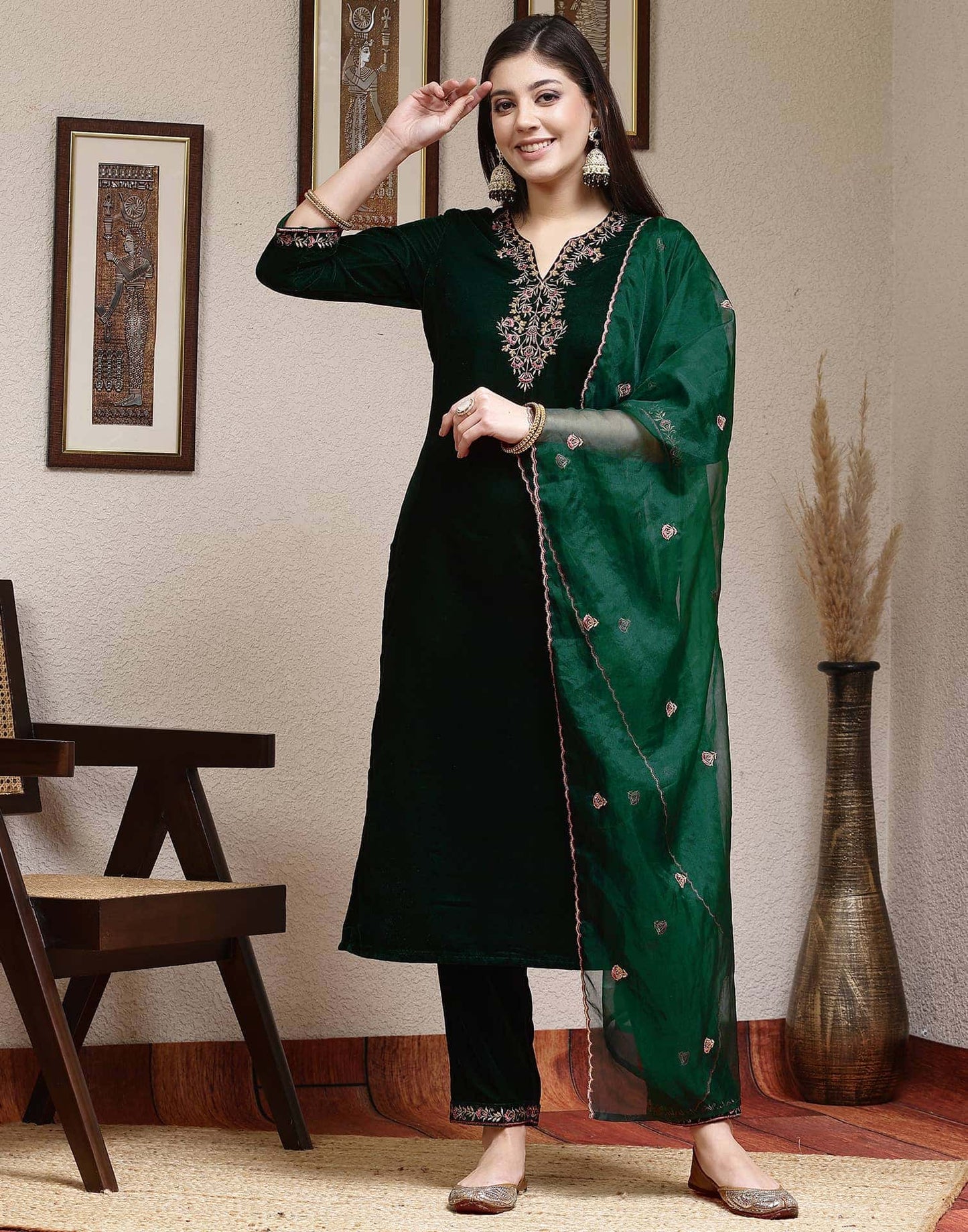 Velvet Dyed and Embroidery Straight Kurta with Pant & Dupatta