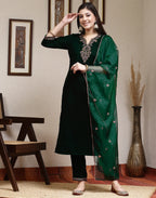 Velvet Embroidered Straight 3 Piece Kurta Set
