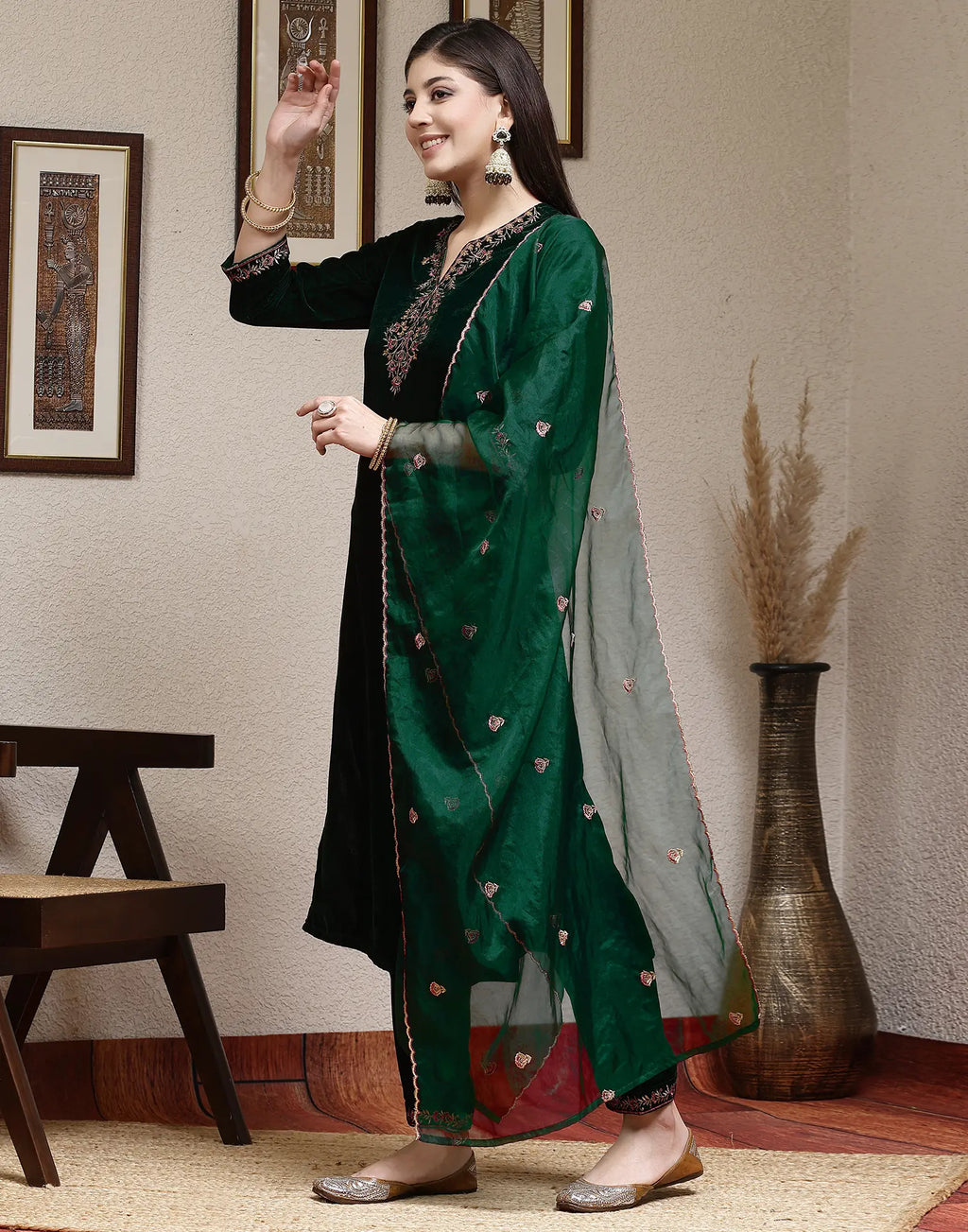 Velvet Embroidered Straight 3 Piece Kurta Set
