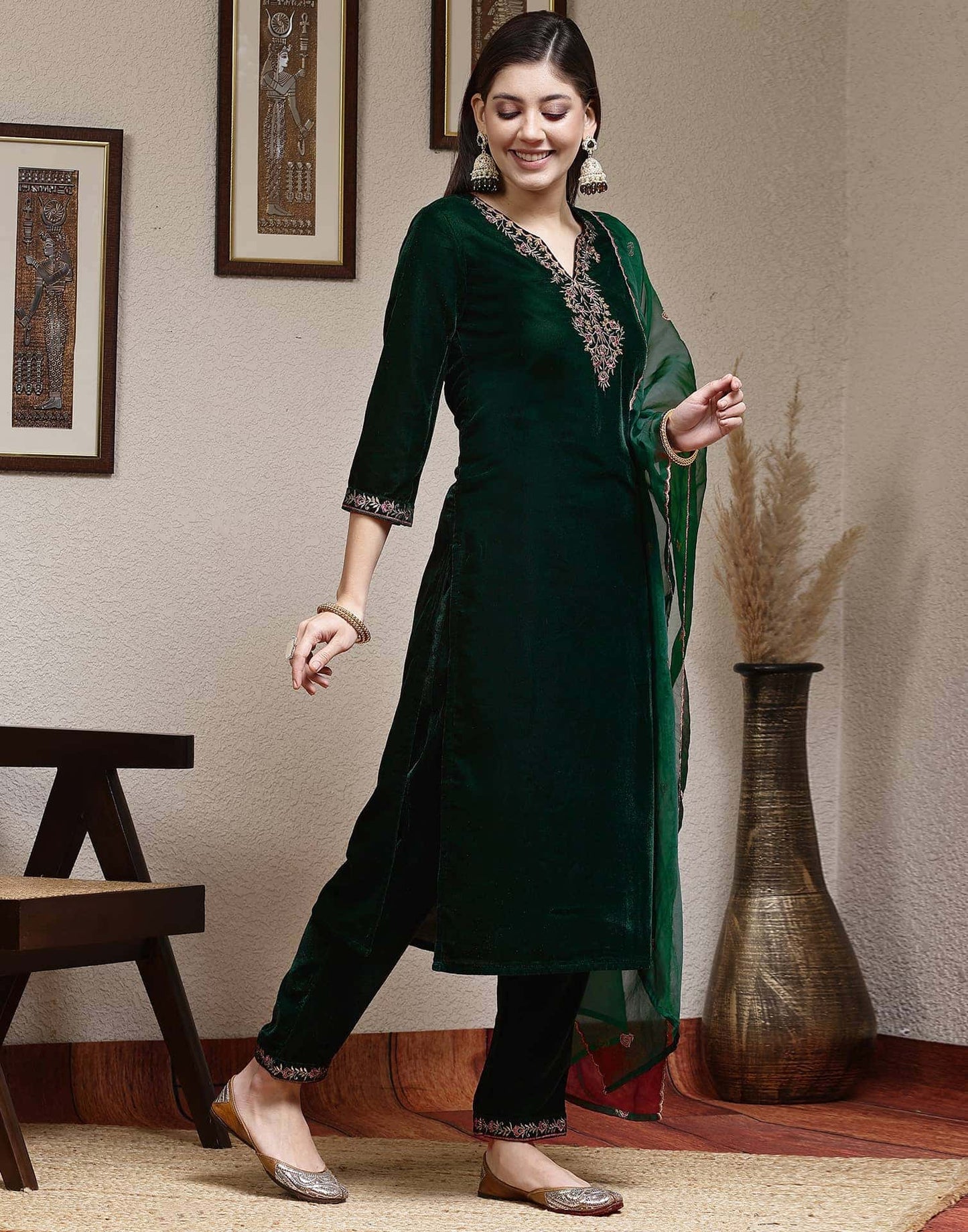 Velvet Dyed and Embroidery Straight Kurta with Pant & Dupatta