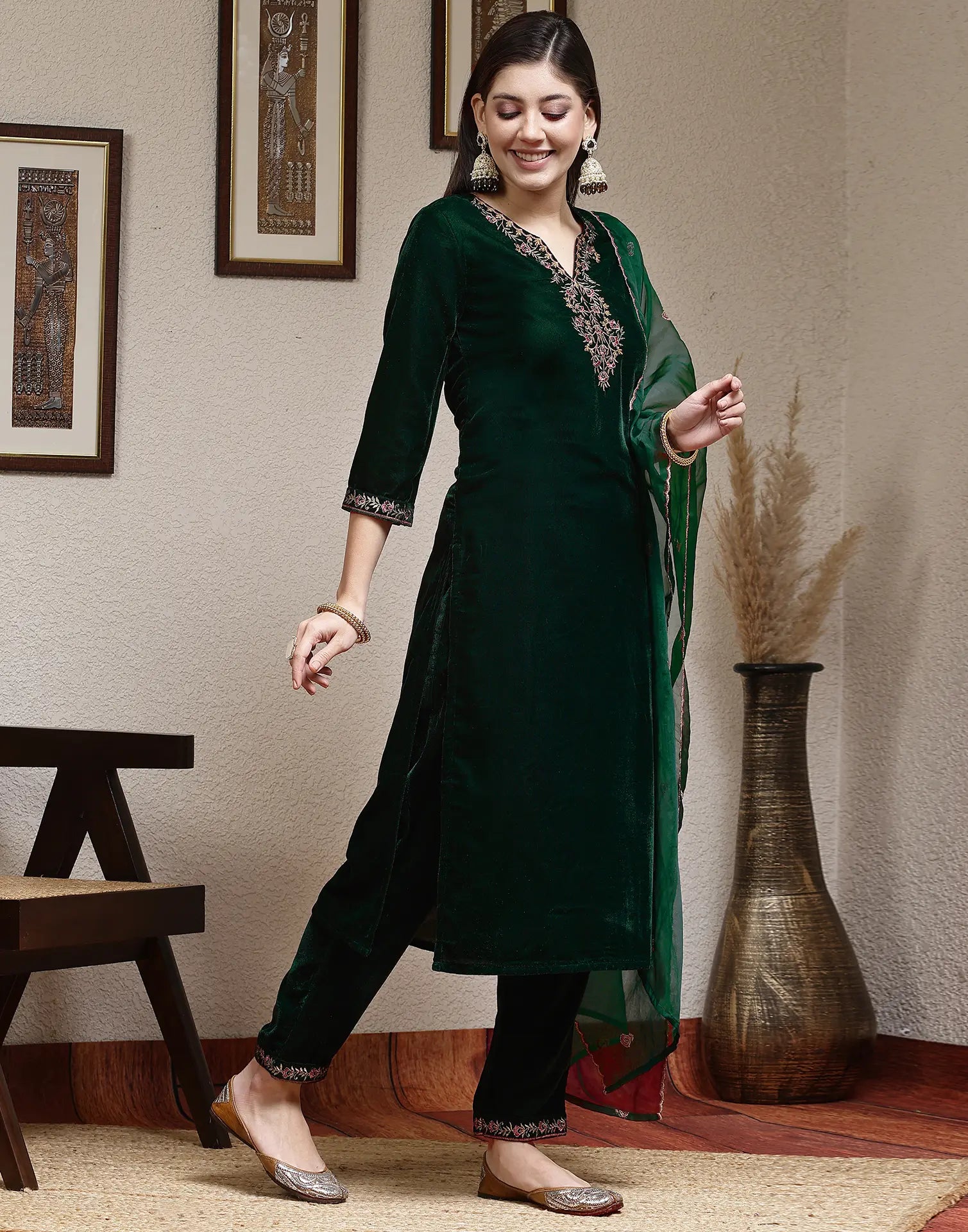 Velvet Embroidered Straight 3 Piece Kurta Set