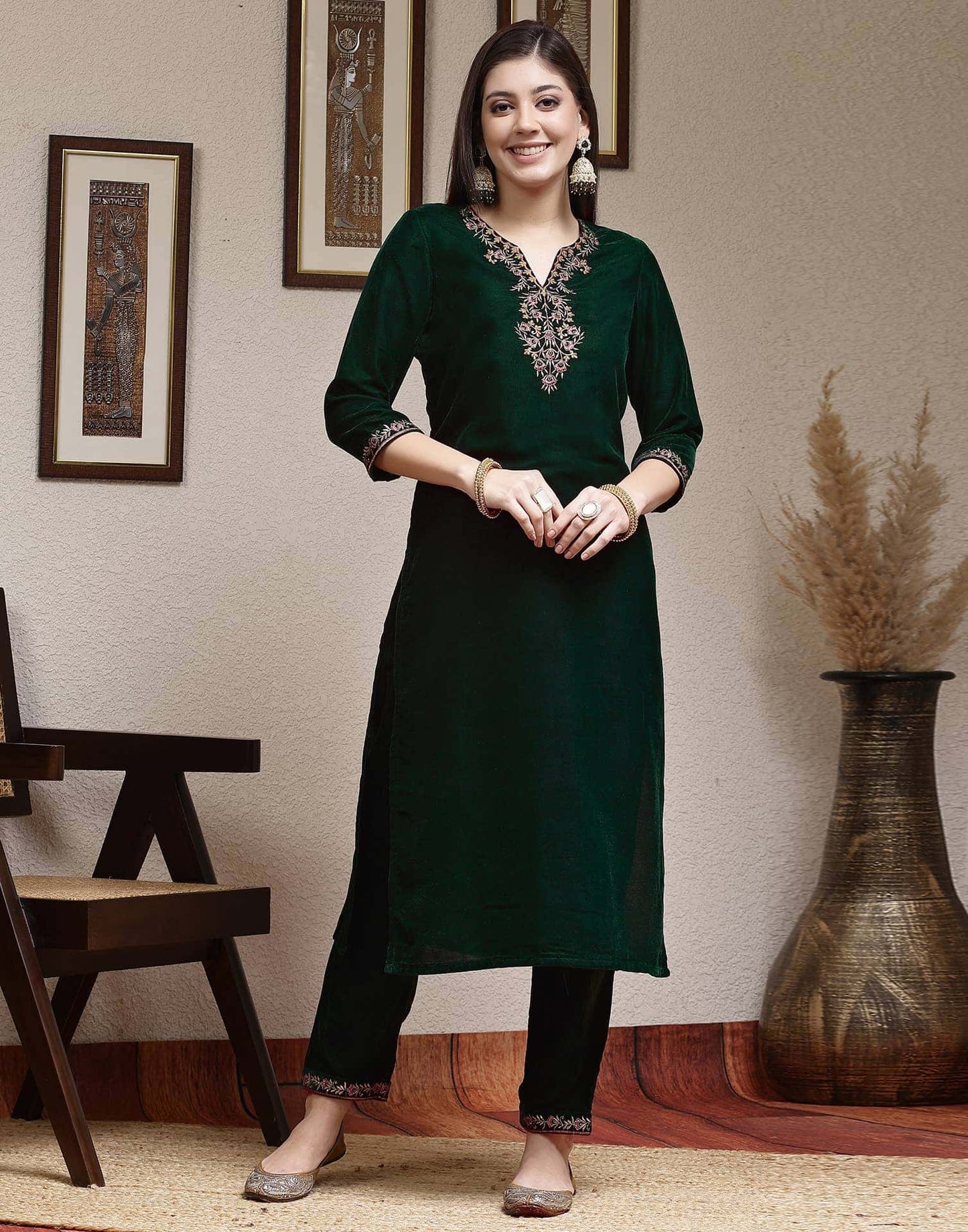 Velvet Dyed and Embroidery Straight Kurta with Pant & Dupatta
