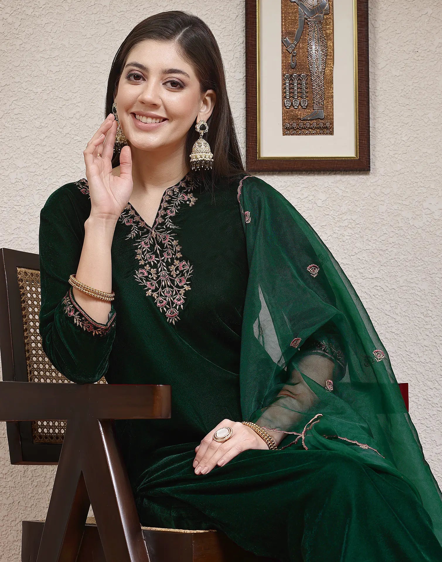 Velvet Embroidered Straight 3 Piece Kurta Set