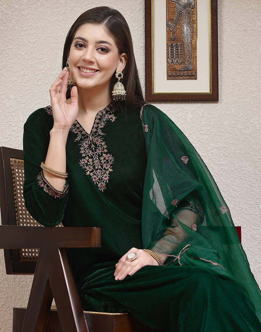 Velvet Dyed and Embroidery Straight Kurta with Pant & Dupatta