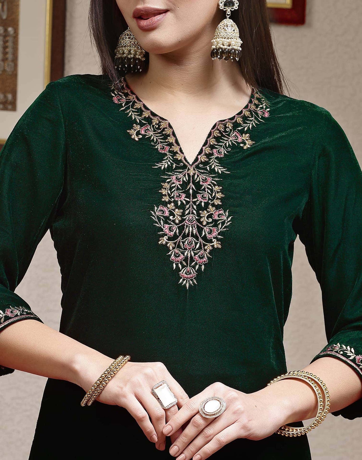 Velvet Dyed and Embroidery Straight Kurta with Pant & Dupatta