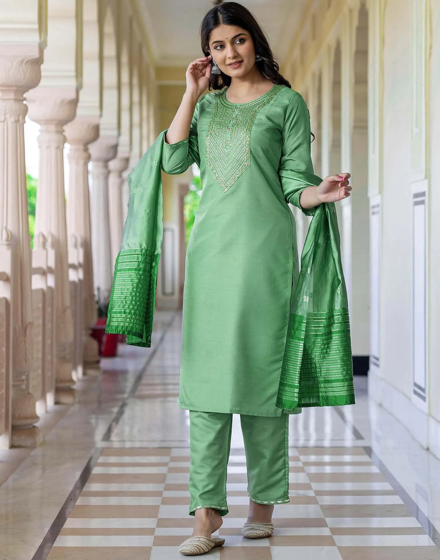 Silk Blend Embroidery and Sequins Work Straight Kurta with Pant & Dupatta