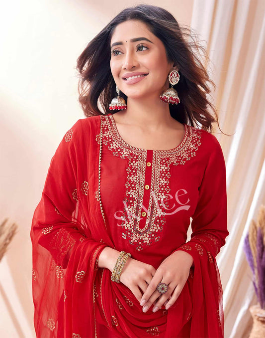 Cotton Blend Embroidered Straight Kurta with Pant & Dupatta
