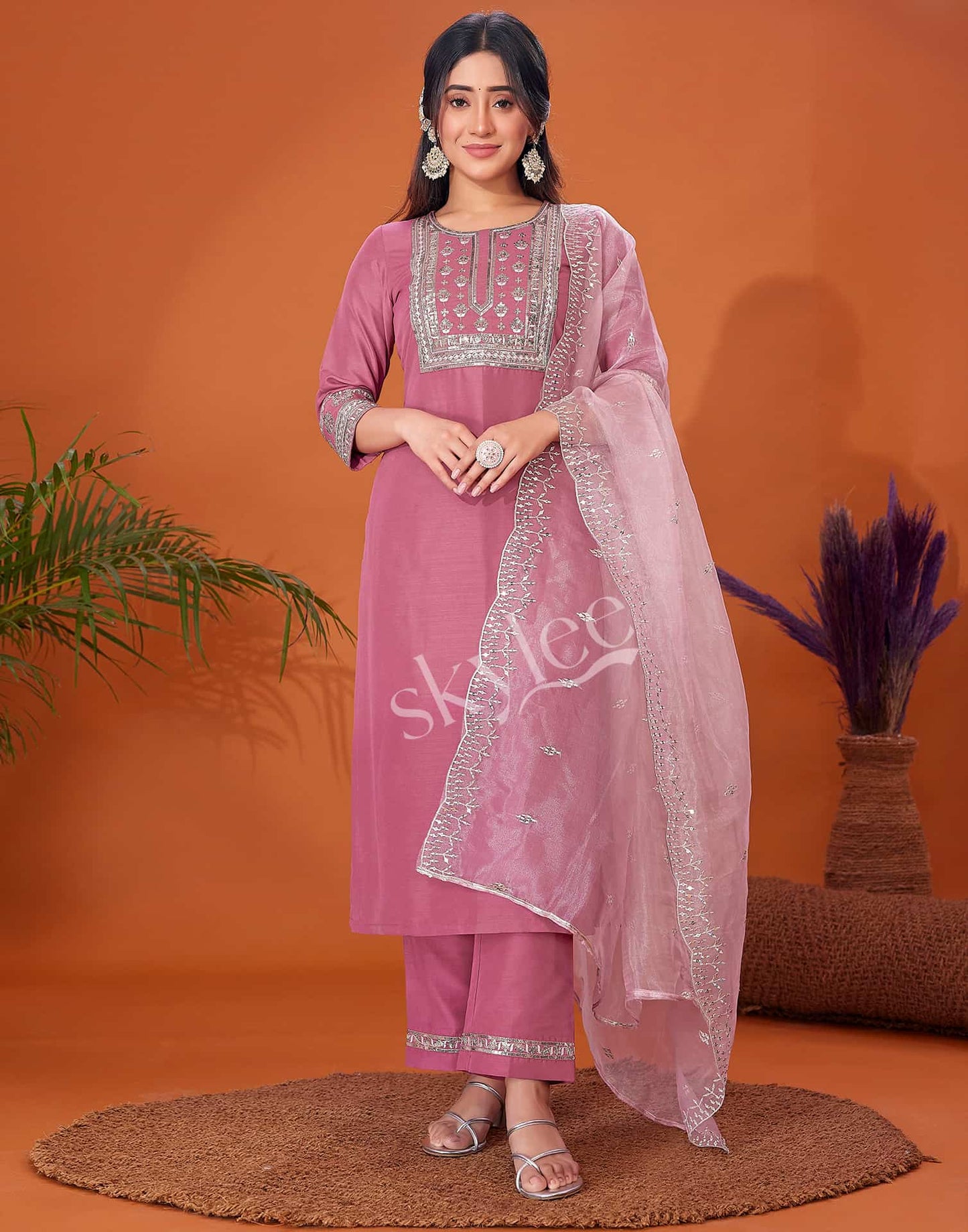 Cotton Blend Embroidery and Sequins Work A-Line Kurta with Pant & Dupatta