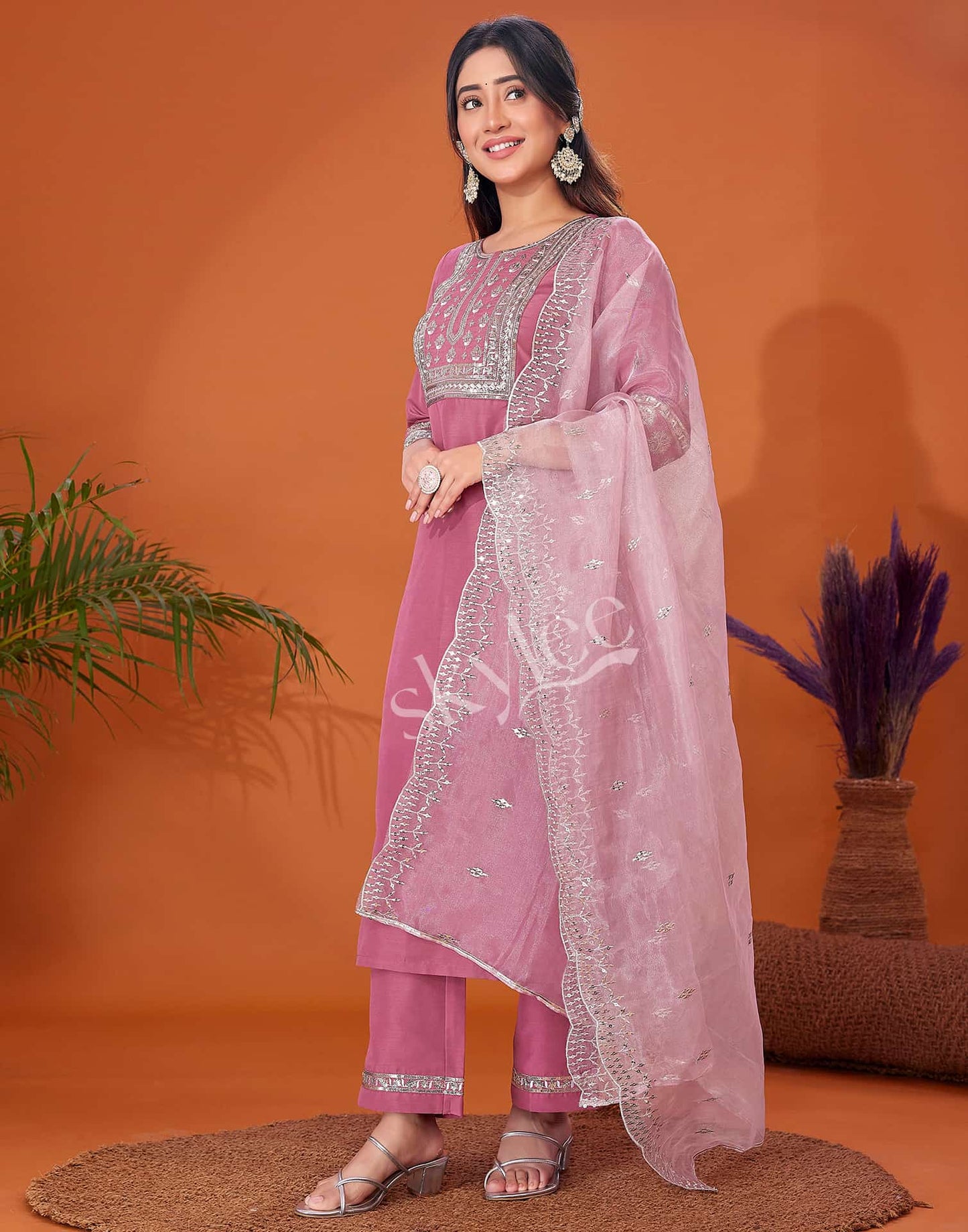 Cotton Blend Embroidery and Sequins Work A-Line Kurta with Pant & Dupatta