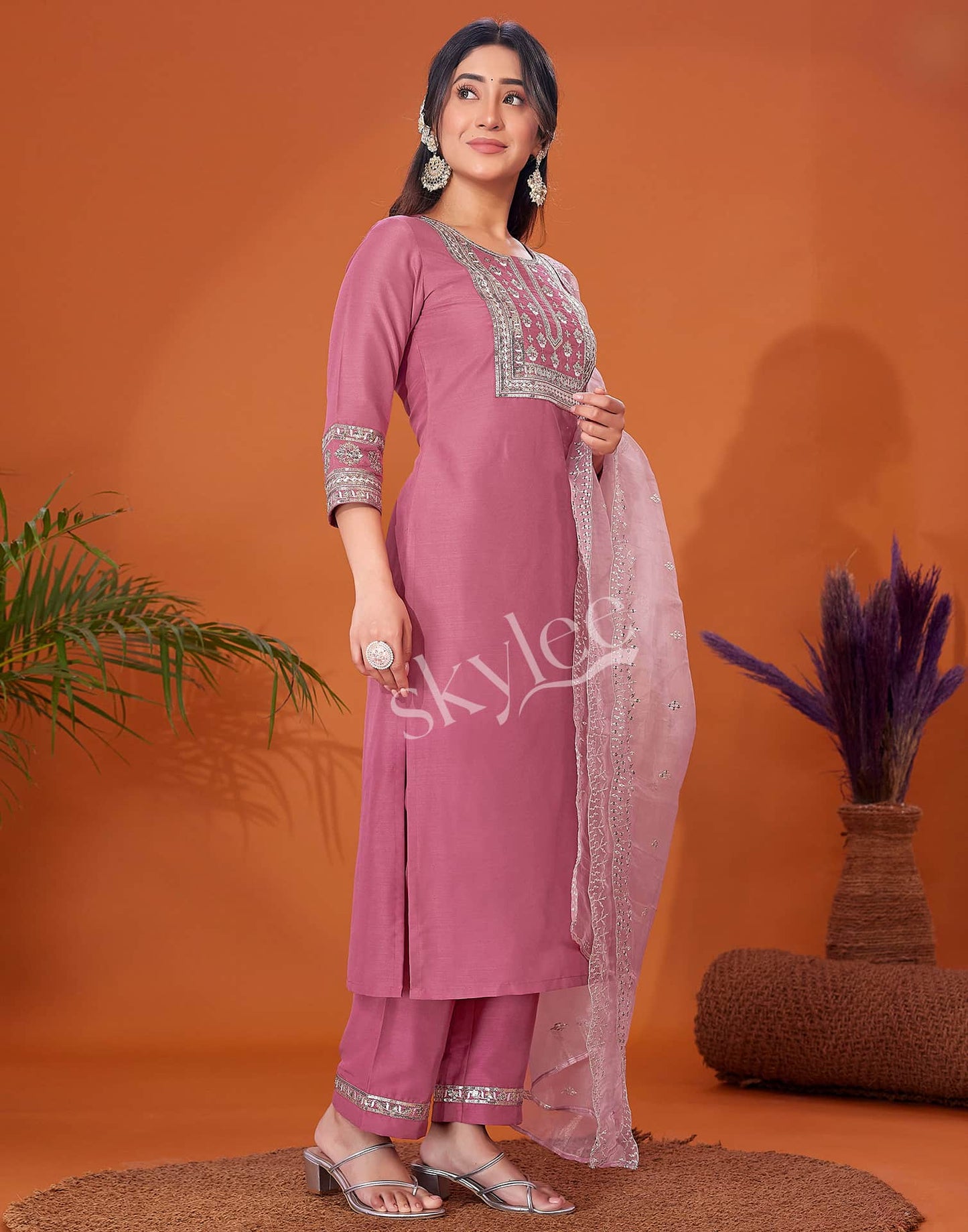 Cotton Blend Embroidery and Sequins Work A-Line Kurta with Pant & Dupatta