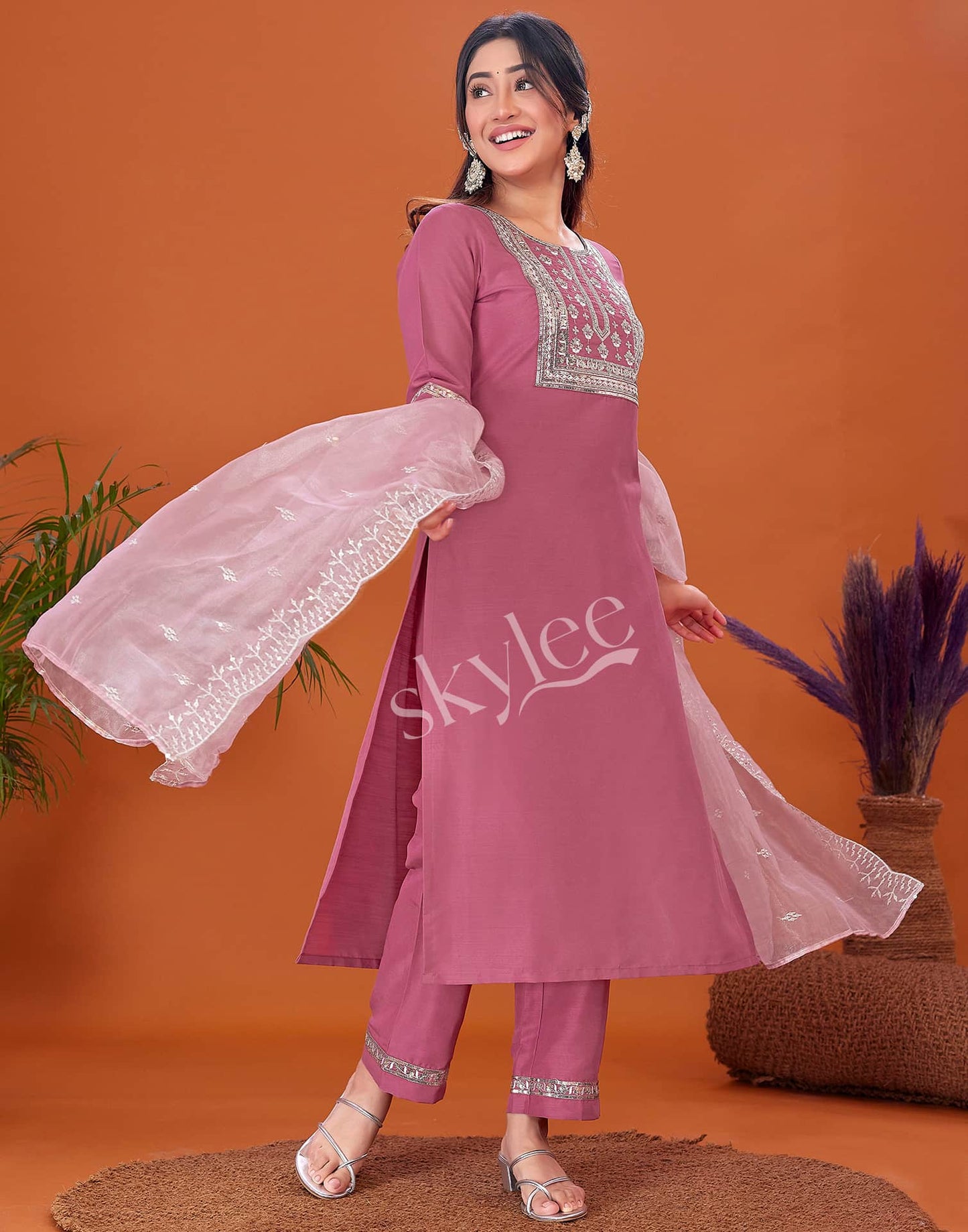 Cotton Blend Embroidery and Sequins Work A-Line Kurta with Pant & Dupatta