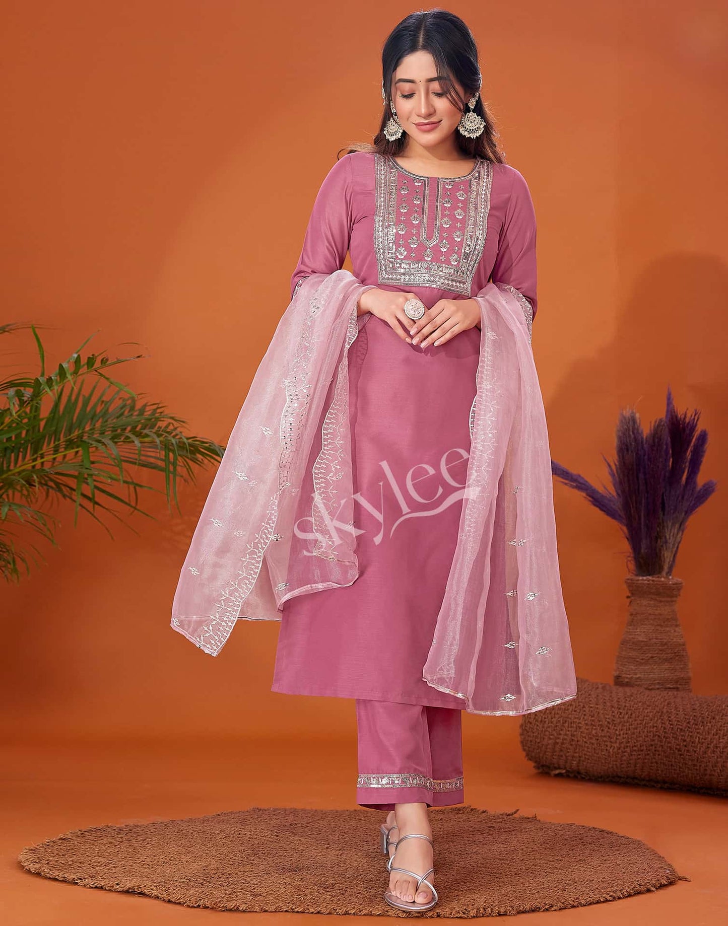 Cotton Blend Embroidery and Sequins Work A-Line Kurta with Pant & Dupatta