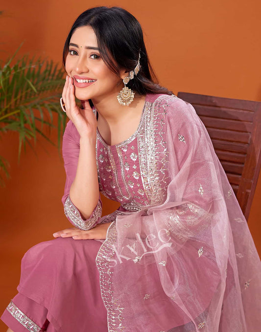 Cotton Blend Embroidery and Sequins Work A-Line Kurta with Pant & Dupatta