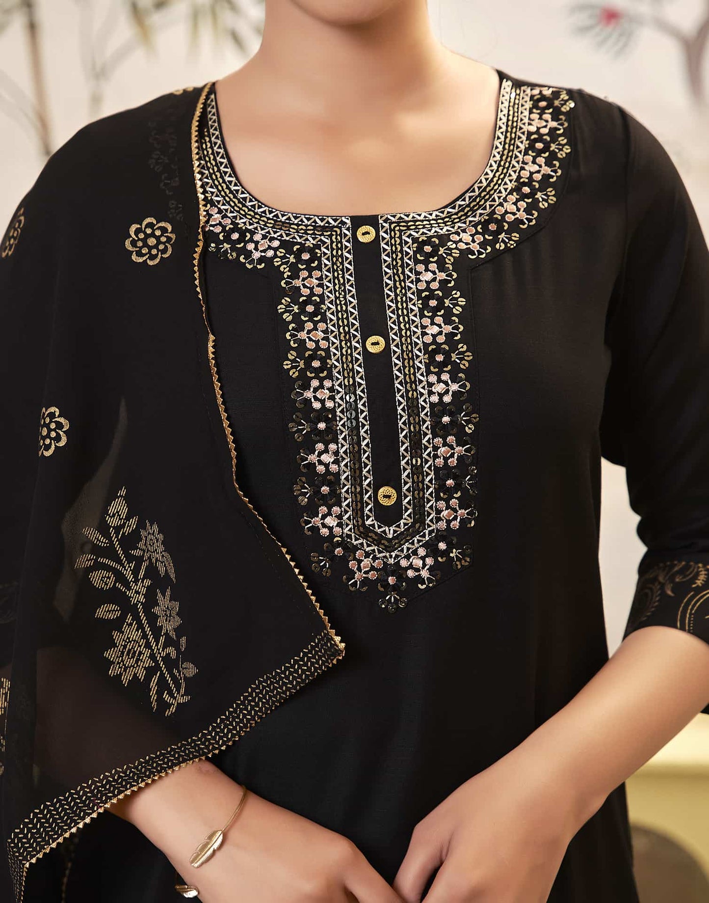 Cotton Blend Embroidered Straight Kurta with Pant & Dupatta