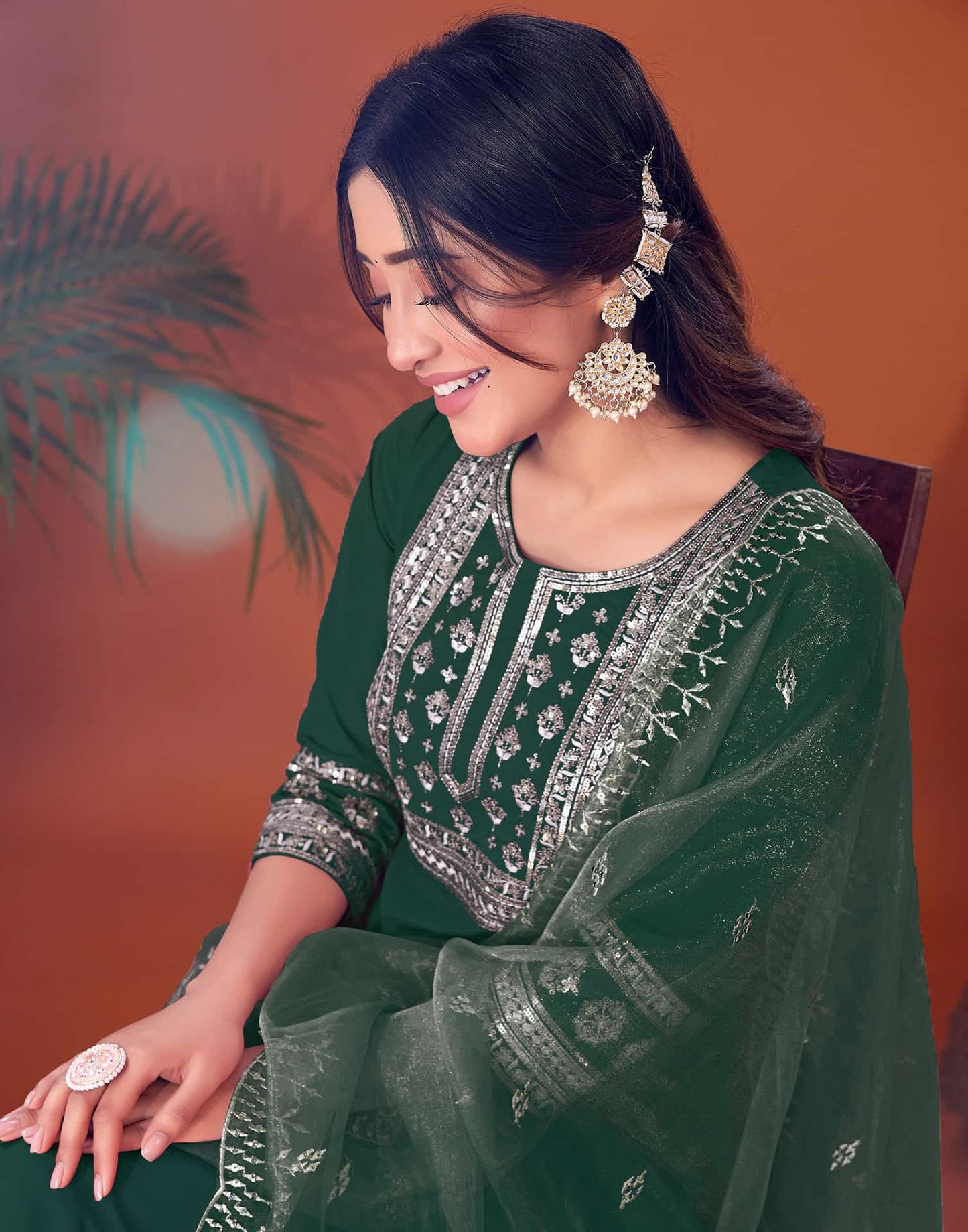 Cotton Blend Embroidery and Sequins Work A-Line Kurta with Pant & Dupatta