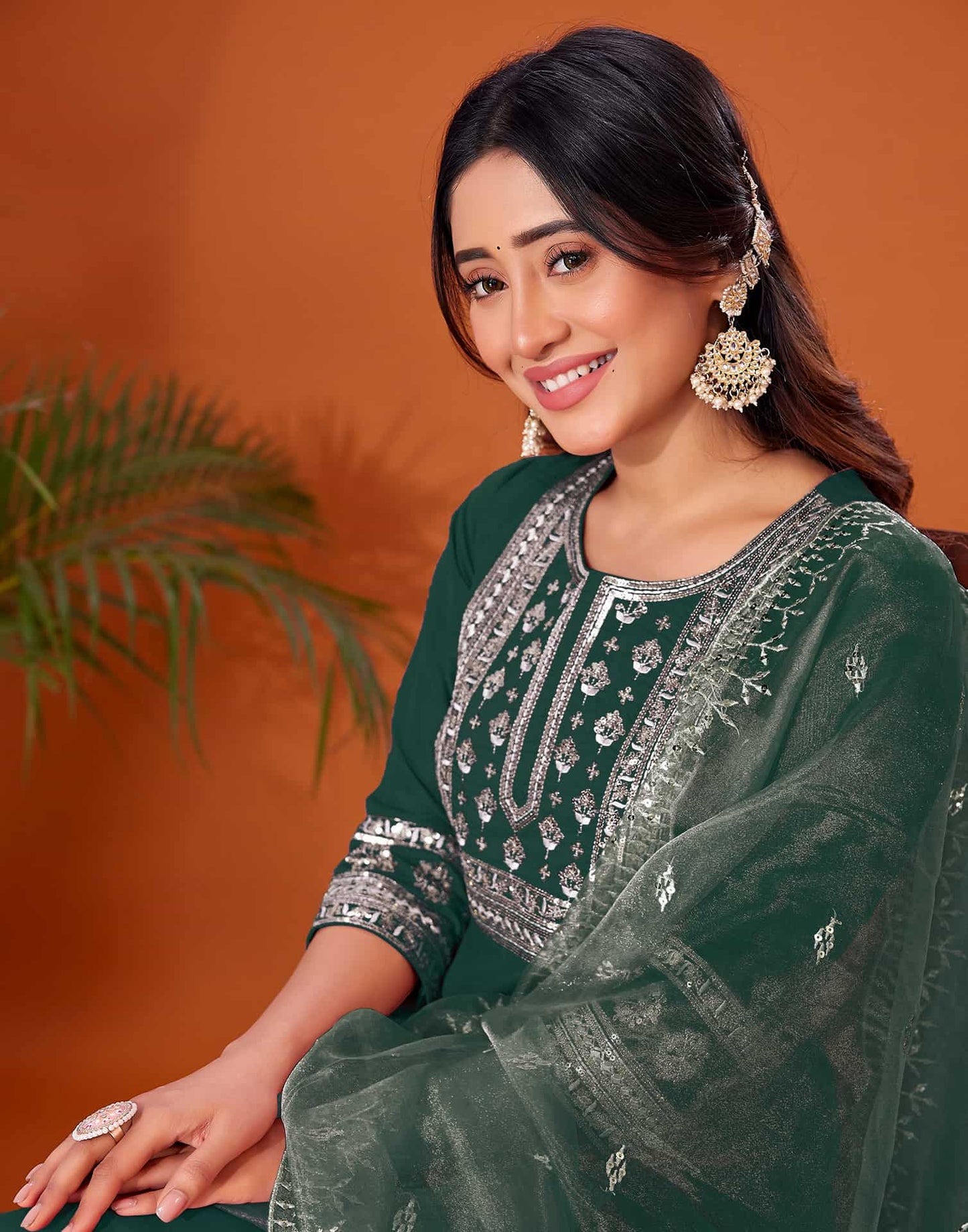 Cotton Blend Embroidery and Sequins Work A-Line Kurta with Pant & Dupatta