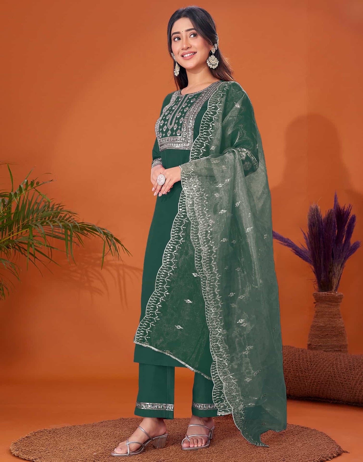 Cotton Blend Embroidery and Sequins Work A-Line Kurta with Pant & Dupatta