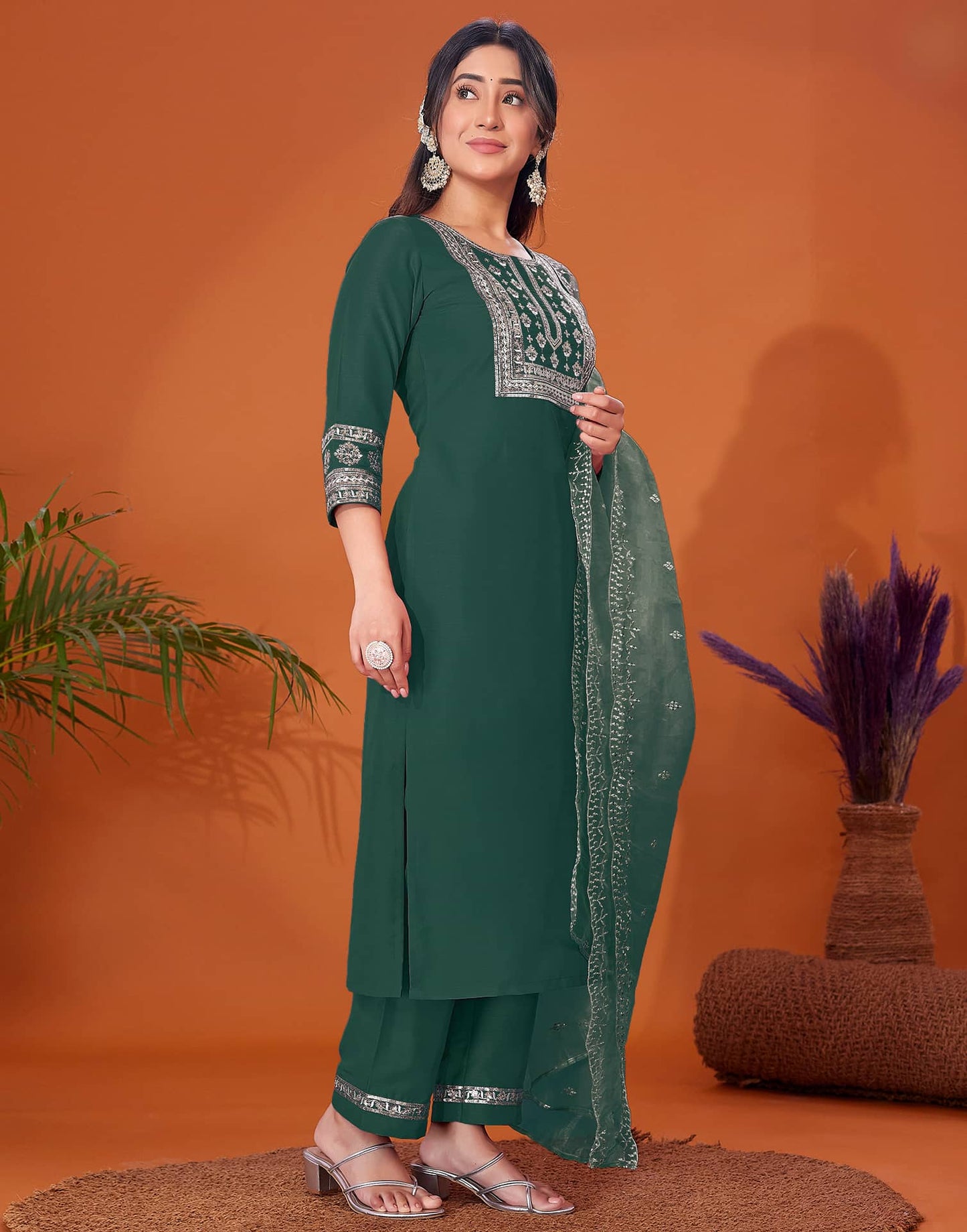 Cotton Blend Embroidery and Sequins Work A-Line Kurta with Pant & Dupatta