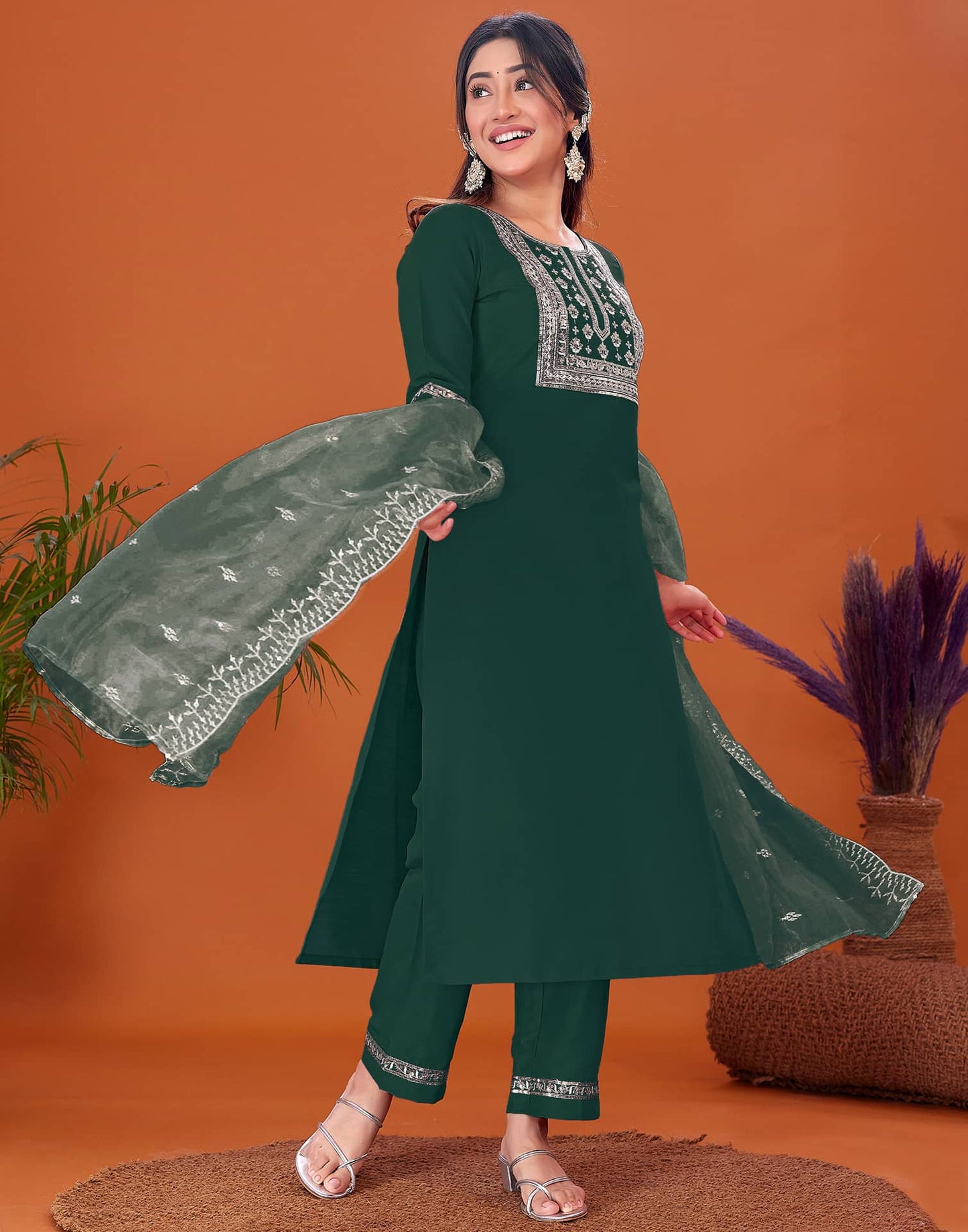 Cotton Blend Embroidery and Sequins Work A-Line Kurta with Pant & Dupatta