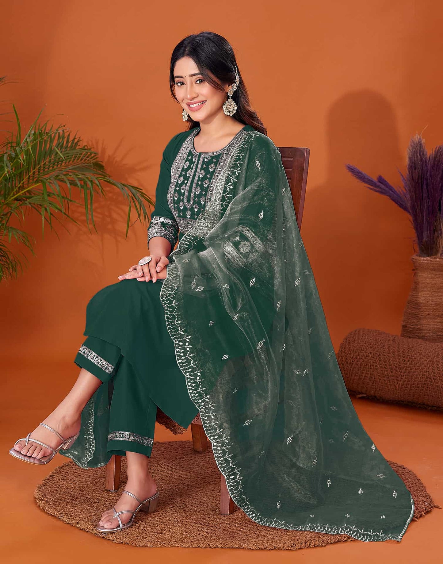 Cotton Blend Embroidery and Sequins Work A-Line Kurta with Pant & Dupatta