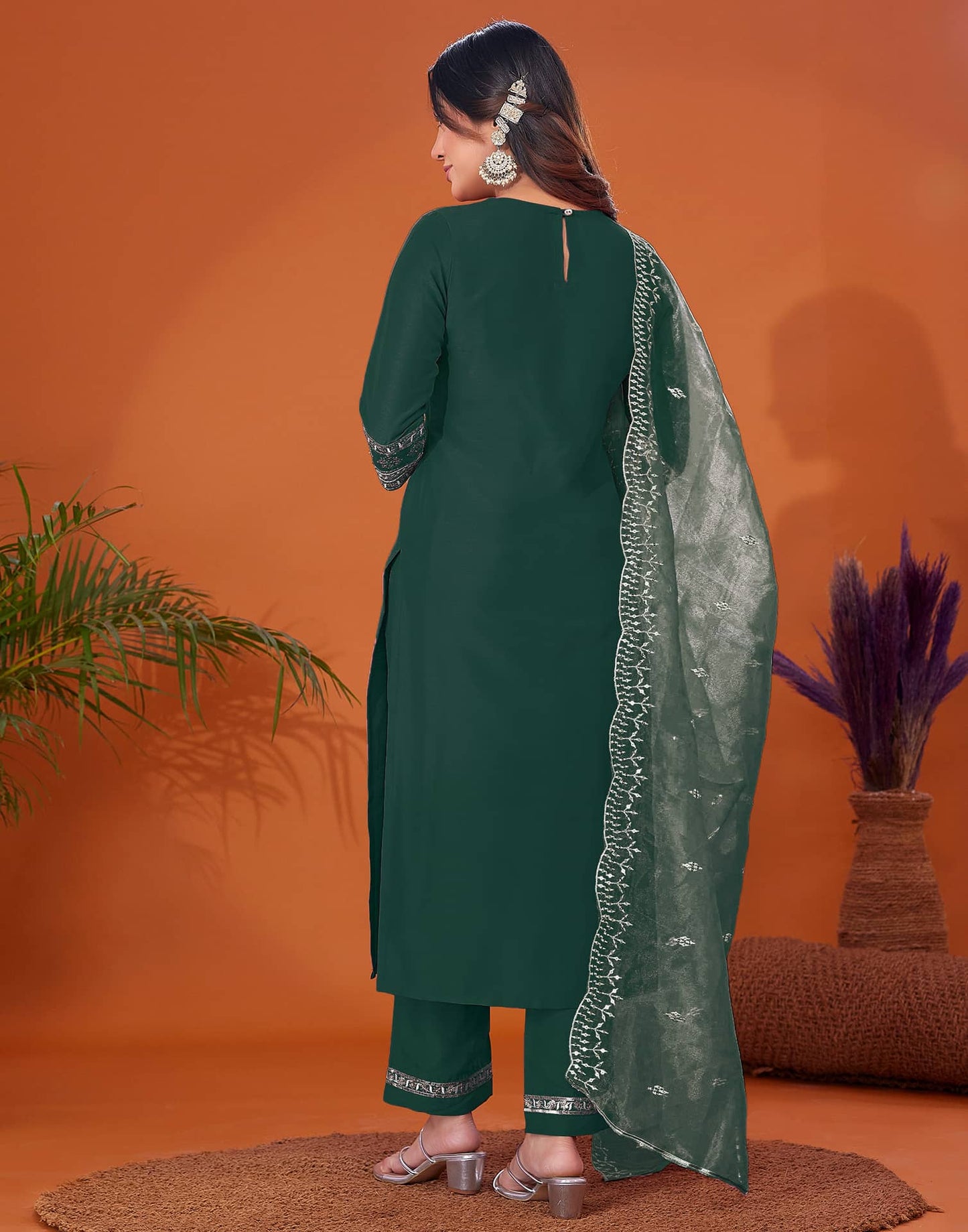 Cotton Blend Embroidery and Sequins Work A-Line Kurta with Pant & Dupatta