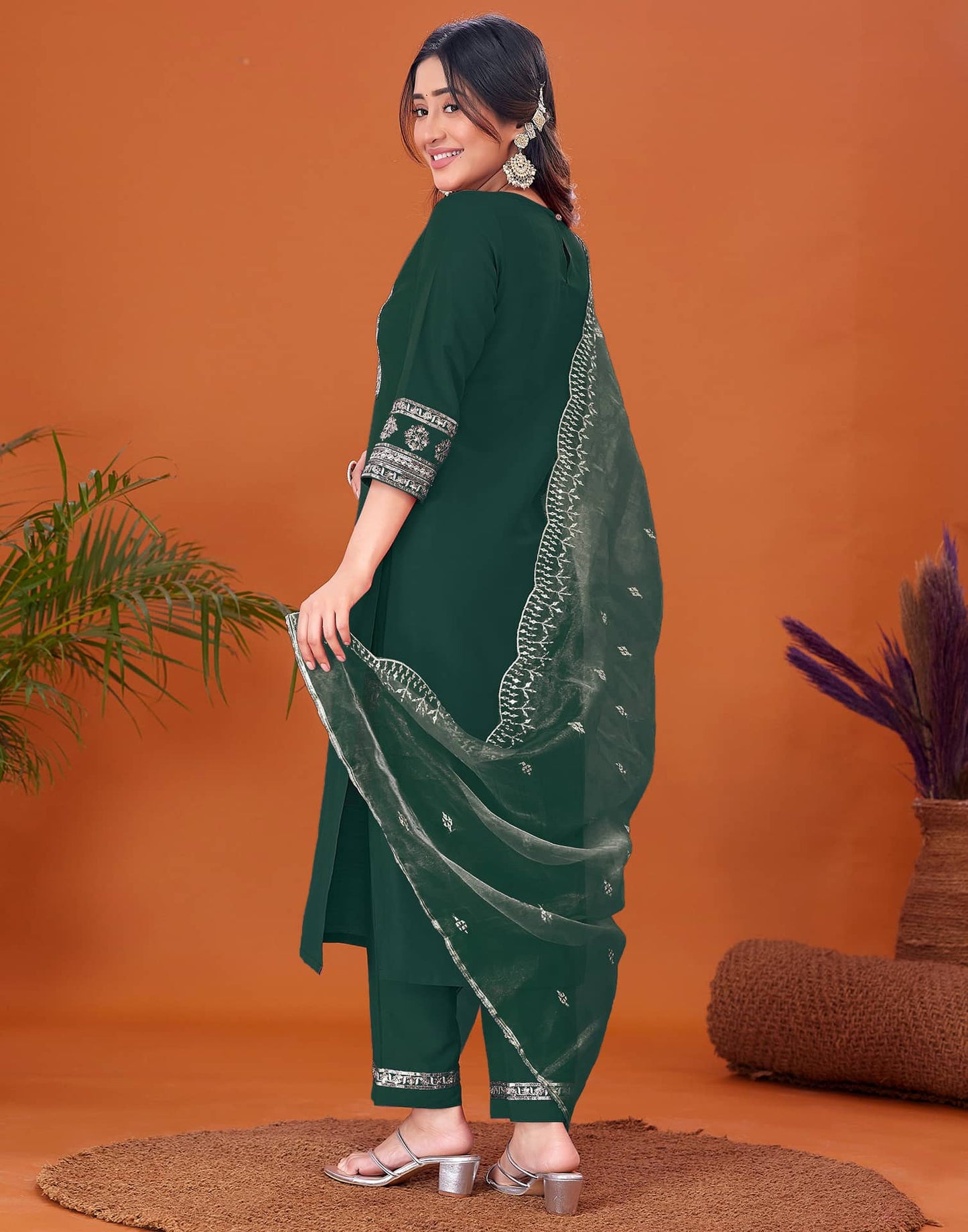 Cotton Blend Embroidery and Sequins Work A-Line Kurta with Pant & Dupatta