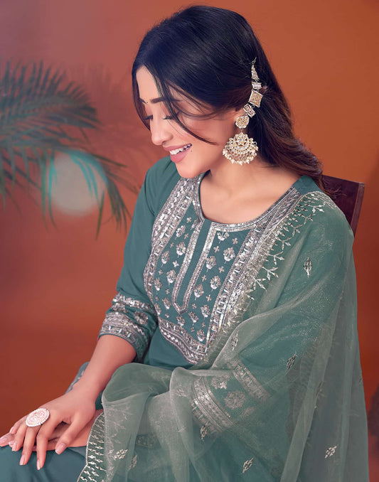 Cotton Blend Embroidery and Sequins Work A-Line Kurta with Pant & Dupatta