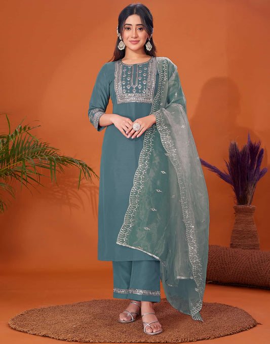 Cotton Blend Embroidery and Sequins Work A-Line Kurta with Pant & Dupatta