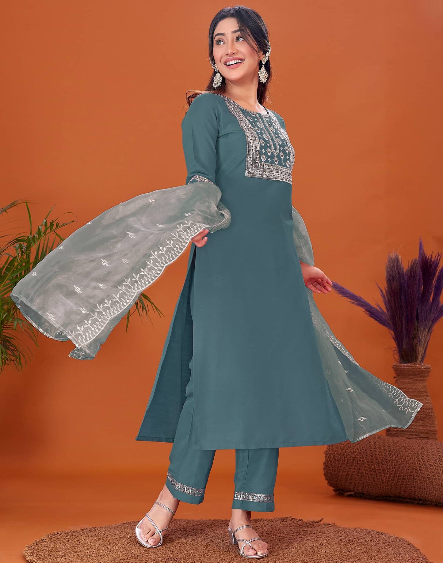 Cotton Blend Embroidery and Sequins Work A-Line Kurta with Pant & Dupatta